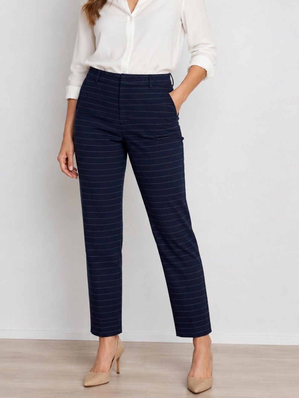 Banana Republic Ryan Pants 12 Navy Horizontal Pinstripe Slim Straight Career NWT